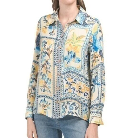 New Rachel Zoe Novelty Tropical Floral Print Shirt Yellow Blue XS - Picture 3 of 5